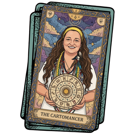 Ilustração de Amely como uma carta de tarot, segurando uma roda do zodíaco
