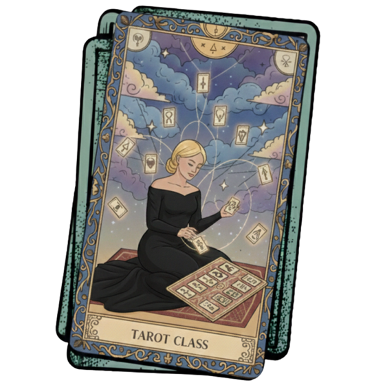 Ilustração de uma mulher estudando cartas de tarot sobre um tapete
