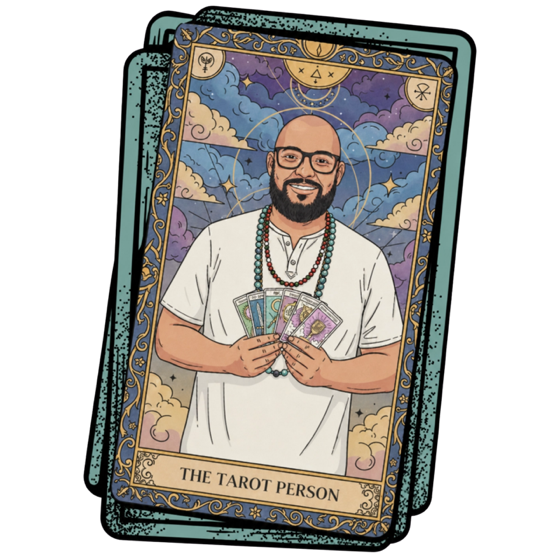 Ilustração de Gustavo como uma carta de tarot, segurando cartas em leque
